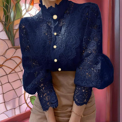 Elegant Women's Vintage Pearl Button Lace Blouse
