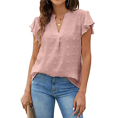 Women's V Neck Ruffle Short Sleeve Blouse Business Office Casual Top Shirts