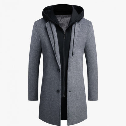Men's Casual Woolen Coat Mid-length Detachable Hat Jacket