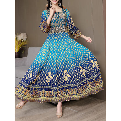 Women's Bohemian Chic Maxi Dress, Ethnic Style Embroidered Square Neck 3 4 Sleeve Flowy Party Dress