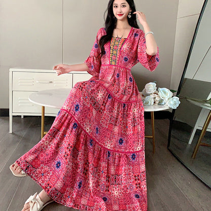 Summer Vintage Cotton Silk Ethnic Style Embroidered Dress Women