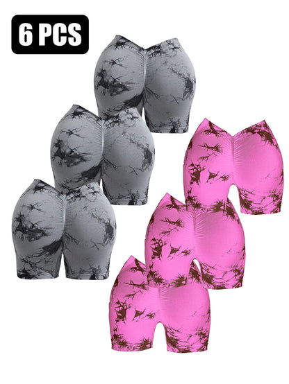 6 PACK Women Workout Shorts Tie Dye Womens Gym Scrunch Butt Lifting Workout Shorts