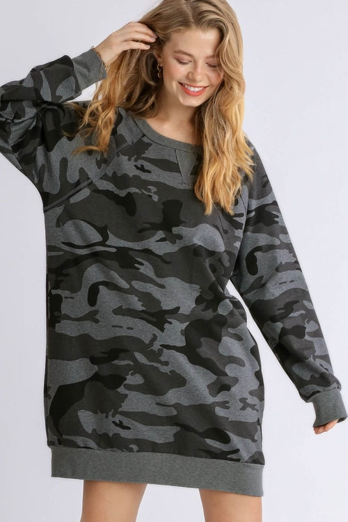 Umgee Full Size Camo Print Ribbed Hem French Terry Mini Dress Plus
