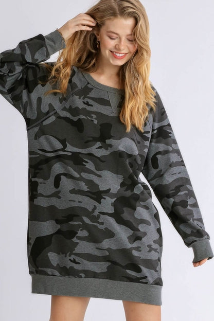 Umgee Full Size Camo Print Ribbed Hem French Terry Mini Dress Plus