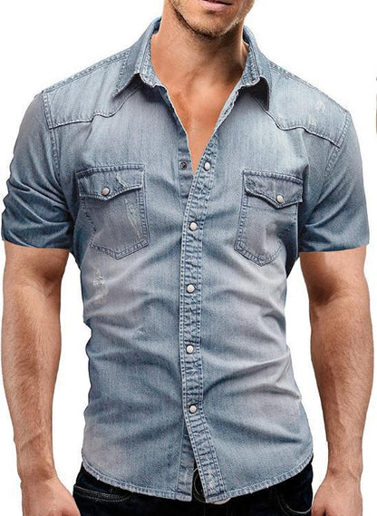 Casual Solid Color Men's Denim Short Sleeve Shirt