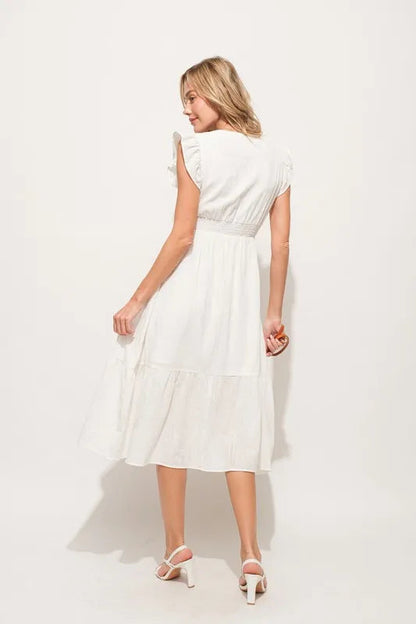 And The Why Ruffle Sleeve Front Smocked Tiered Midi Dress
