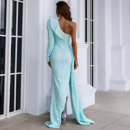 Serevette One-Shoulder Sequin Gown