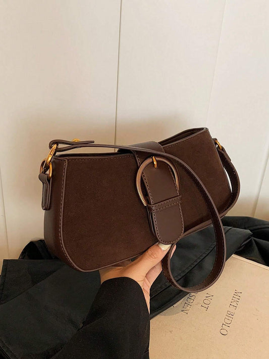 Women’s Retro Suede Saddle Bag – Solid Color Dual Strap Shoulder & Crossbody Purse