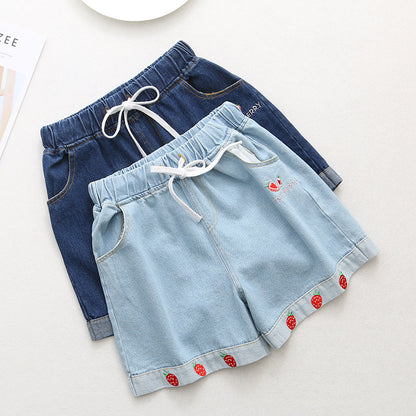 Strawberry loose wide-leg short jeans for women