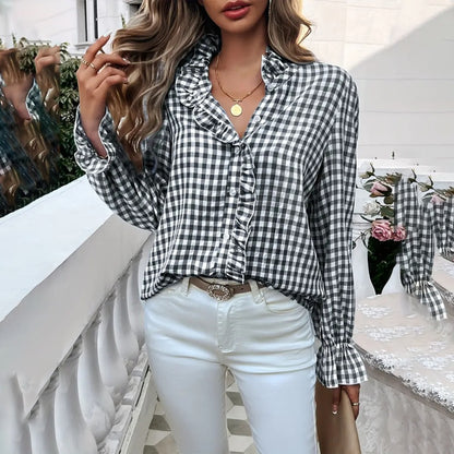 Women's French Style Checkered Button-Up Shirt - Elegant Plaid Pattern, Stand Collar With Ruffled Cuffs, Comfortable Wear
