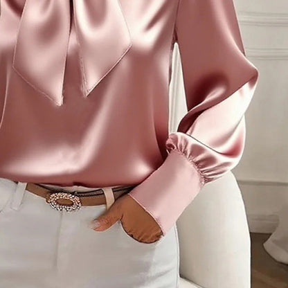 Women's Solid Color Satin Long Sleeve Casual Shirt With Bow Decor Blouse
