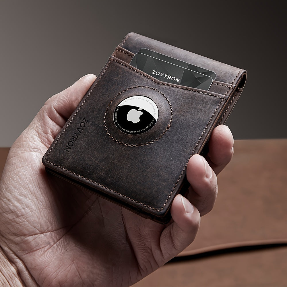 Men’s Genuine Leather Slim Bifold Wallet with AirTag Holder – RFID Blocking Front Pocket Wallet with Money Clip & ID Window