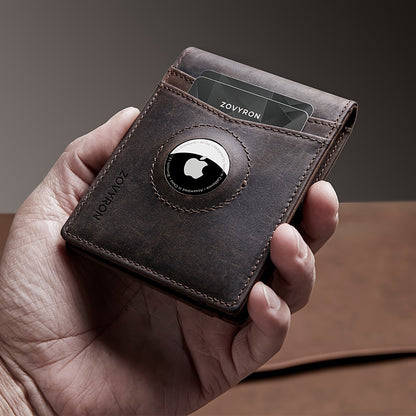 Men’s Genuine Leather Slim Bifold Wallet with AirTag Holder – RFID Blocking Front Pocket Wallet with Money Clip & ID Window