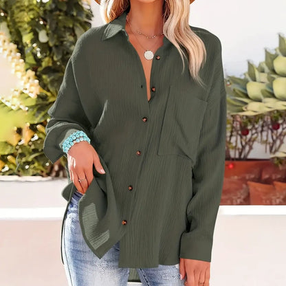 Women's Solid Color V-Neck Long Sleeve Blouse - Textured Button-Up Shirt