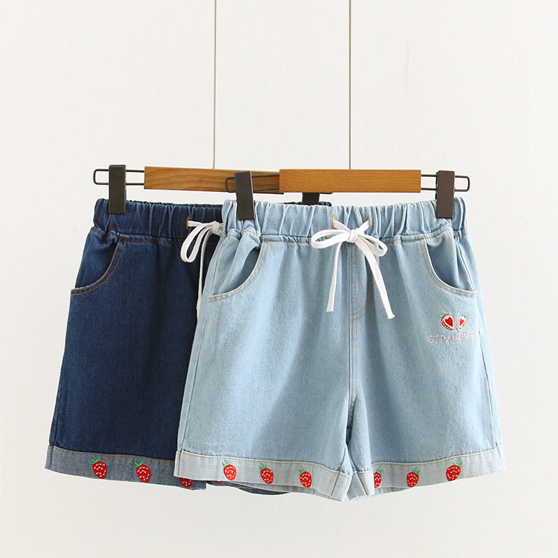 Strawberry loose wide-leg short jeans for women