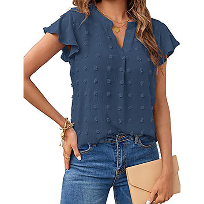 Women's V Neck Ruffle Short Sleeve Blouse Business Office Casual Top Shirts