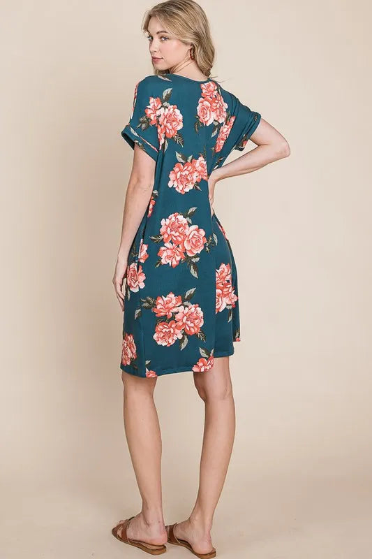 BOMBOM Floral Round Neck Short Tee Dress with Pockets