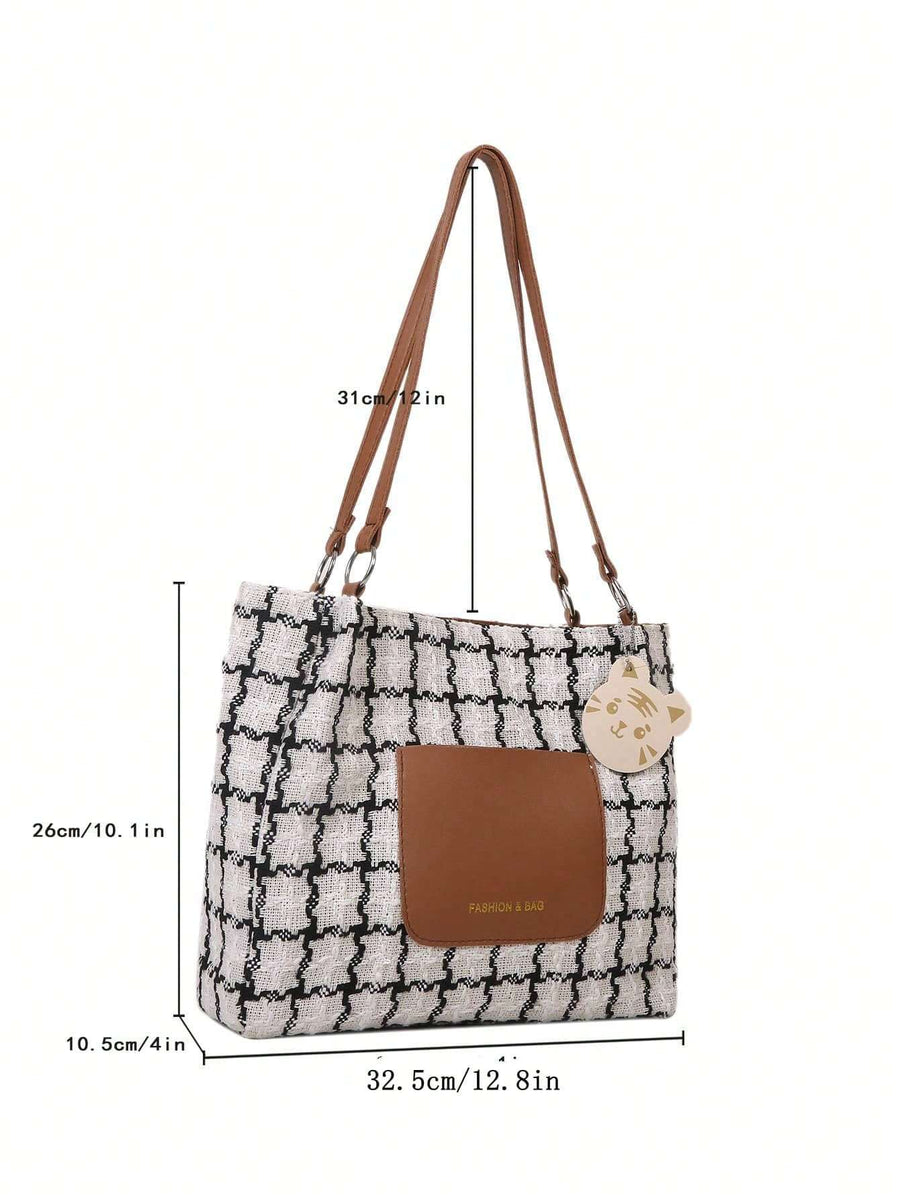 Women’s Plaid Shoulder Bag – Large Capacity Fashion Commuter Tote with Pendant