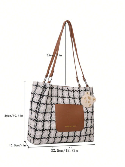 Women’s Plaid Shoulder Bag – Large Capacity Fashion Commuter Tote with Pendant