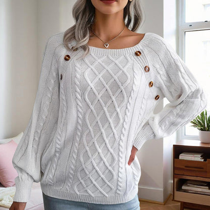 Women's Solid Color Casual Square Neck Button-Detail Knit Top - Textured Ribbed Pattern, Cozy Sweater