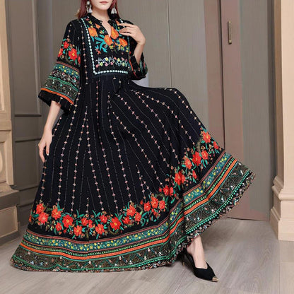 Women's Ethnic Style V-Neck Long Sleeve Dress