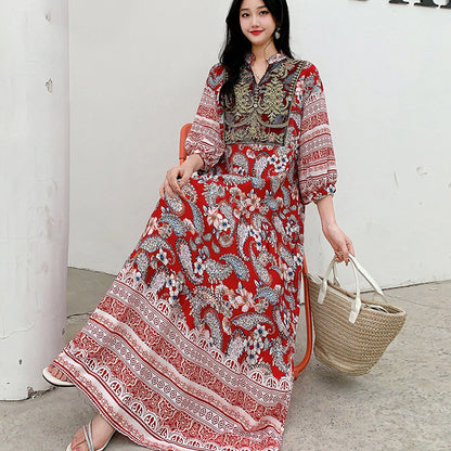 Ethnic Style Dress, Women's Summer Cotton Silk Floral Print