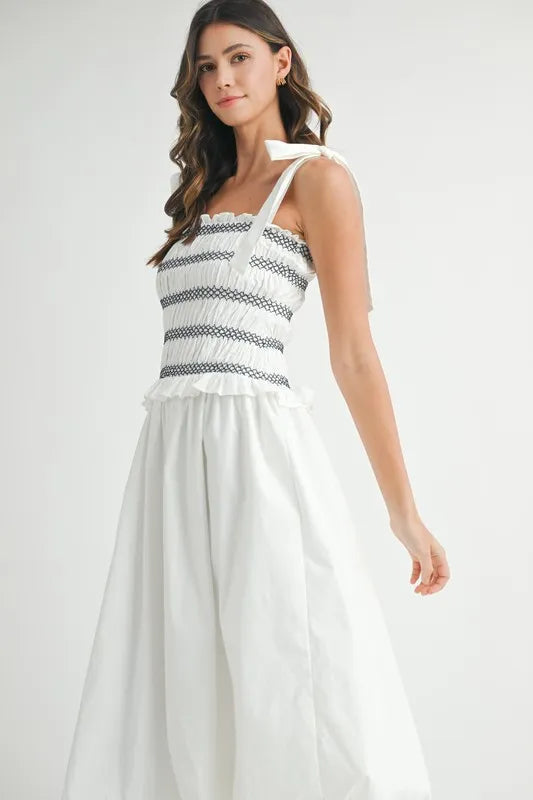 MABLE Smocked Bodice Bubble Midi Dress