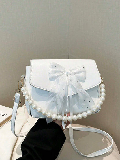 Women’s Bowknot Lace Pearl Handbag – Fashion Shoulder Crossbody Bag