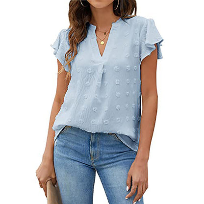 Women's V Neck Ruffle Short Sleeve Blouse Business Office Casual Top Shirts