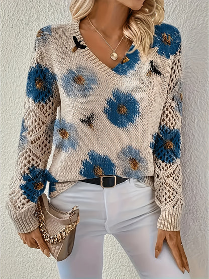 Elegant Bohemian Floral V-neck Long Sleeve Fashion Printed Sweater
