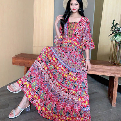 Summer Vintage Cotton Silk Ethnic Style Embroidered Dress Women