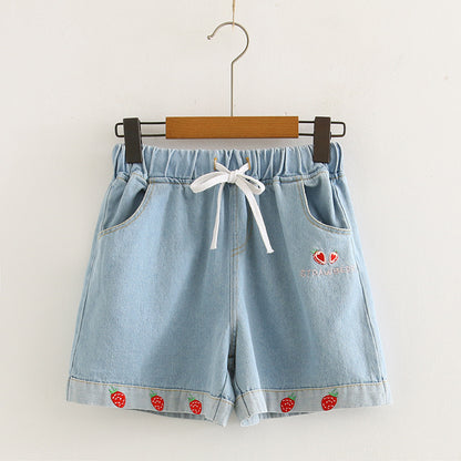 Strawberry loose wide-leg short jeans for women
