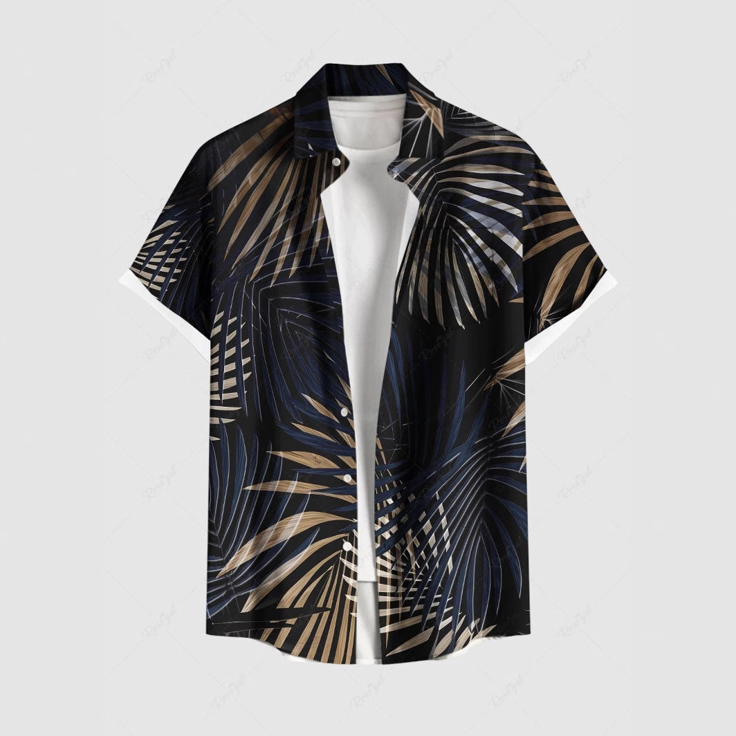 Men's Fashion Trend Stripes Short Sleeve Stand Collar Shirt