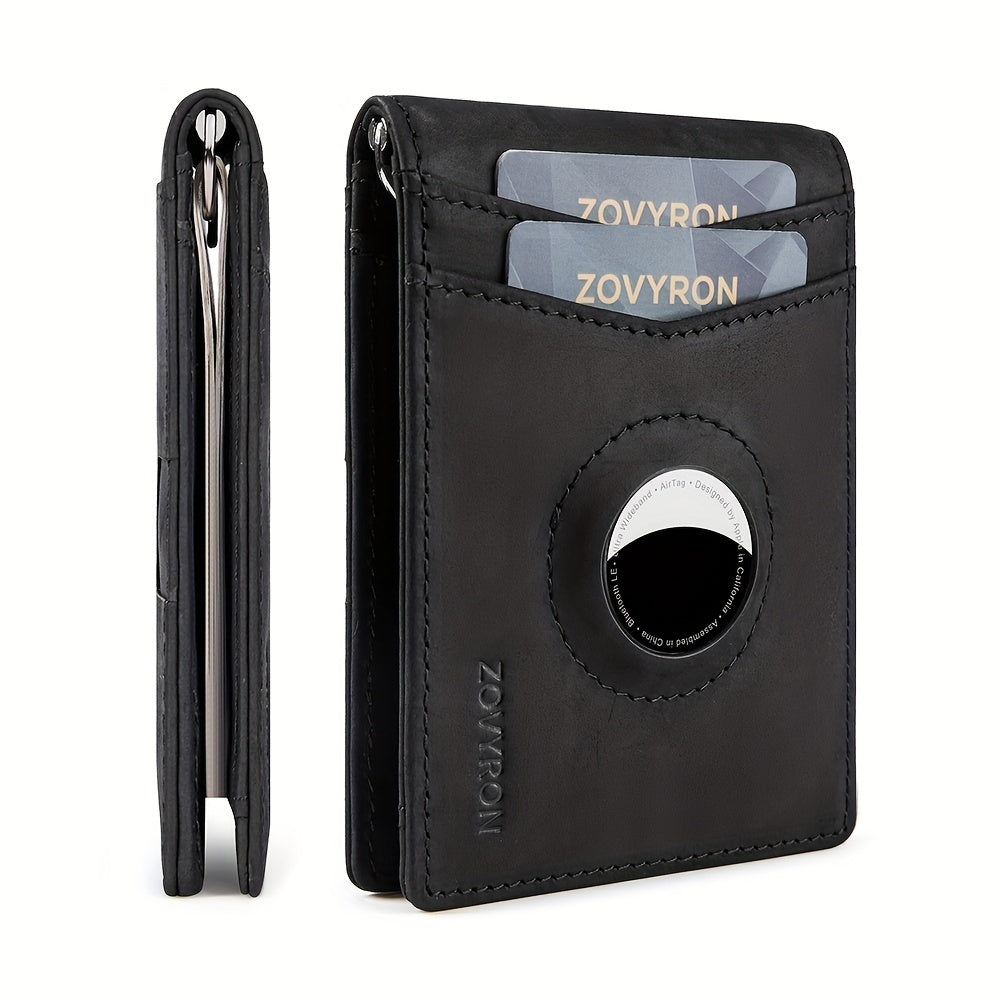 Men’s Genuine Leather Slim Bifold Wallet with AirTag Holder – RFID Blocking Front Pocket Wallet with Money Clip & ID Window