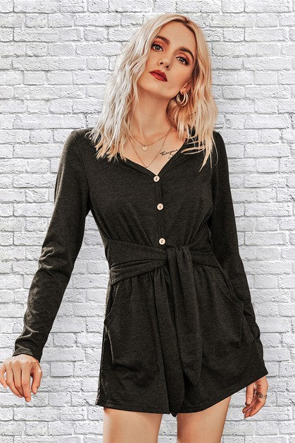 Button Down V Neck Solid Romper