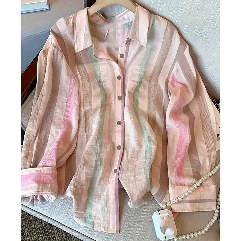 Women's Button Down Shirts Stylish Striped Long Sleeve Collared Office Work Blouses Tops