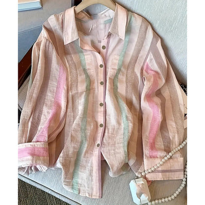 Women's Button Down Shirts Stylish Striped Long Sleeve Collared Office Work Blouses Tops