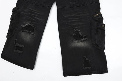 Washed Hole Denim Overalls Men