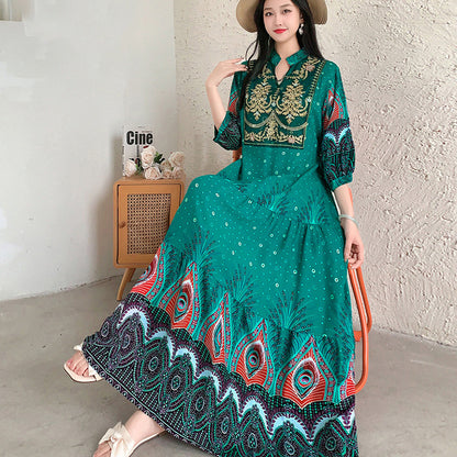 Ethnic Style Dress, Women's Summer Cotton Silk Floral Print
