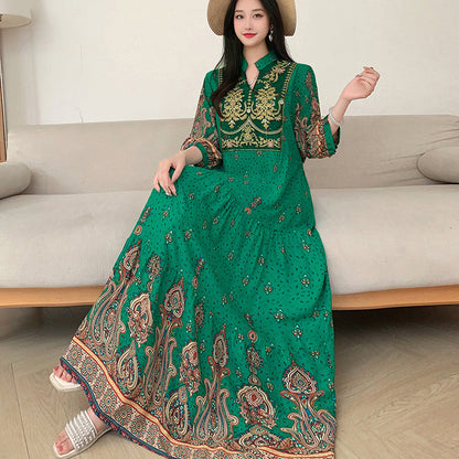 Ethnic Style Dress, Women's Summer Cotton Silk Floral Print