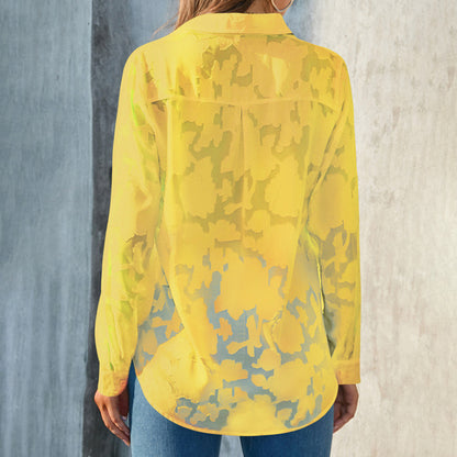 Women's Casual Sheer Button Down Shirts Long Sleeve V Neck Jacquard Blouses Tops