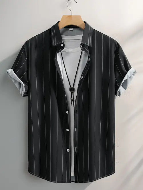 Men's Fashion Trend Stripes Short Sleeve Stand Collar Shirt