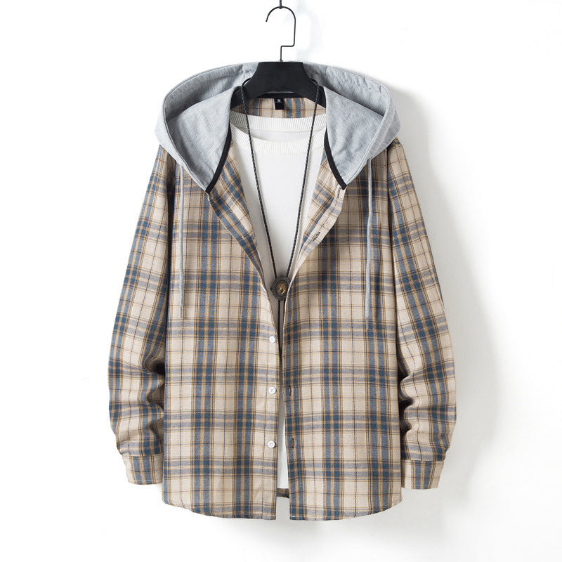 Men's Casual Plaid Long Sleeve Hooded Shirt