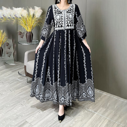 Women's Ethnic Style Floral Embroidered Dress, Elegant 3 4 Sleeve Swing Dress