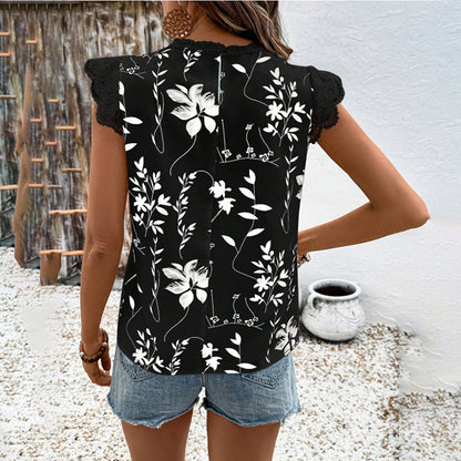 Women's Summer Geometric Leaf Print Tops Lace Cap Sleeve Crew Neck Shirts Blouse