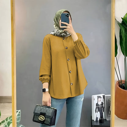 Muslim Ice Silk Wrinkle Stand-up Collar Literary Vintage Cardigan Loose Shirt Women