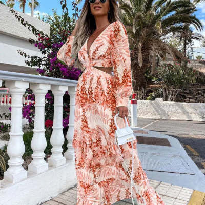 Elegant Women's Hollow Floor V-neck Long-sleeved Plant Dress