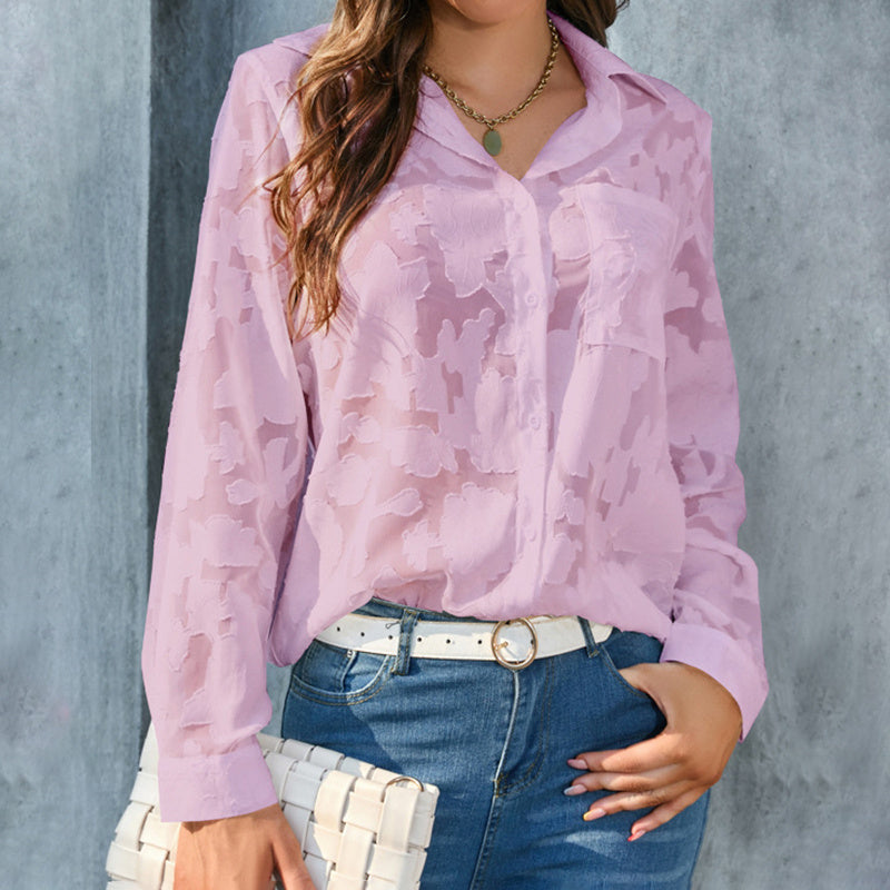 Women's Casual Sheer Button Down Shirts Long Sleeve V Neck Jacquard Blouses Tops