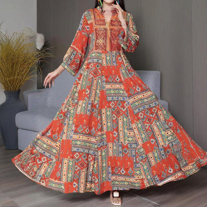 Women's Middle Eastern Style Long Sleeve Dress - Geometric Print V-Neck Embroidered Maxi Dress Boho Vacation Dress