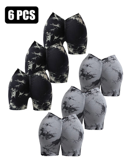 6 PACK Women Workout Shorts Tie Dye Womens Gym Scrunch Butt Lifting Workout Shorts